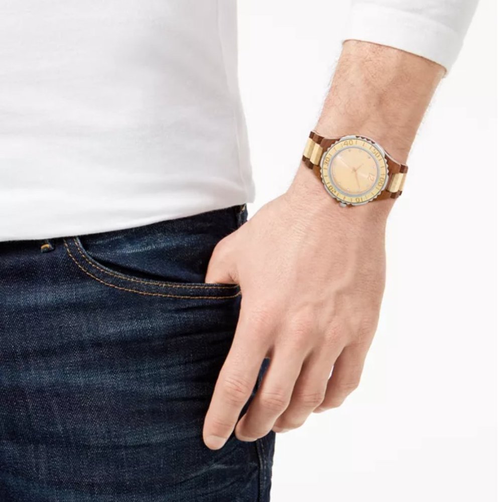 INC Men's Two-Tone Wood Watch 45mm